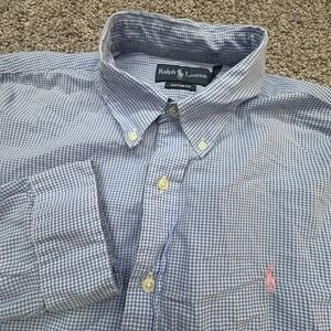 Ralph Lauren Custom Fit Oxford Button Shirt Mens XL Blue White Check Pony‎